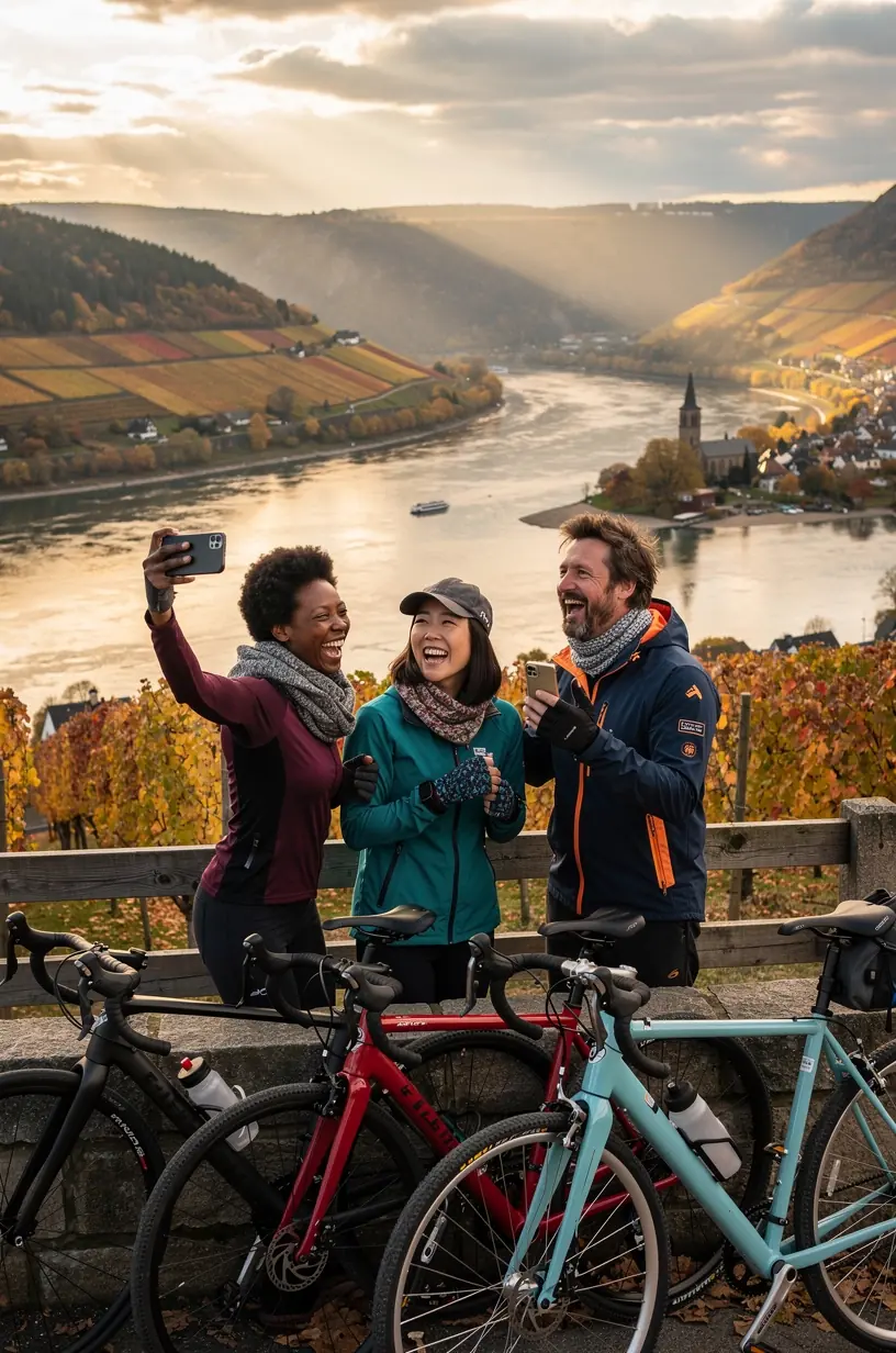 Radfahrer auf einem Panoramaweg mit Blick auf historische Sehenswürdigkeiten und grüne Wiesen in einer deutschen Region.