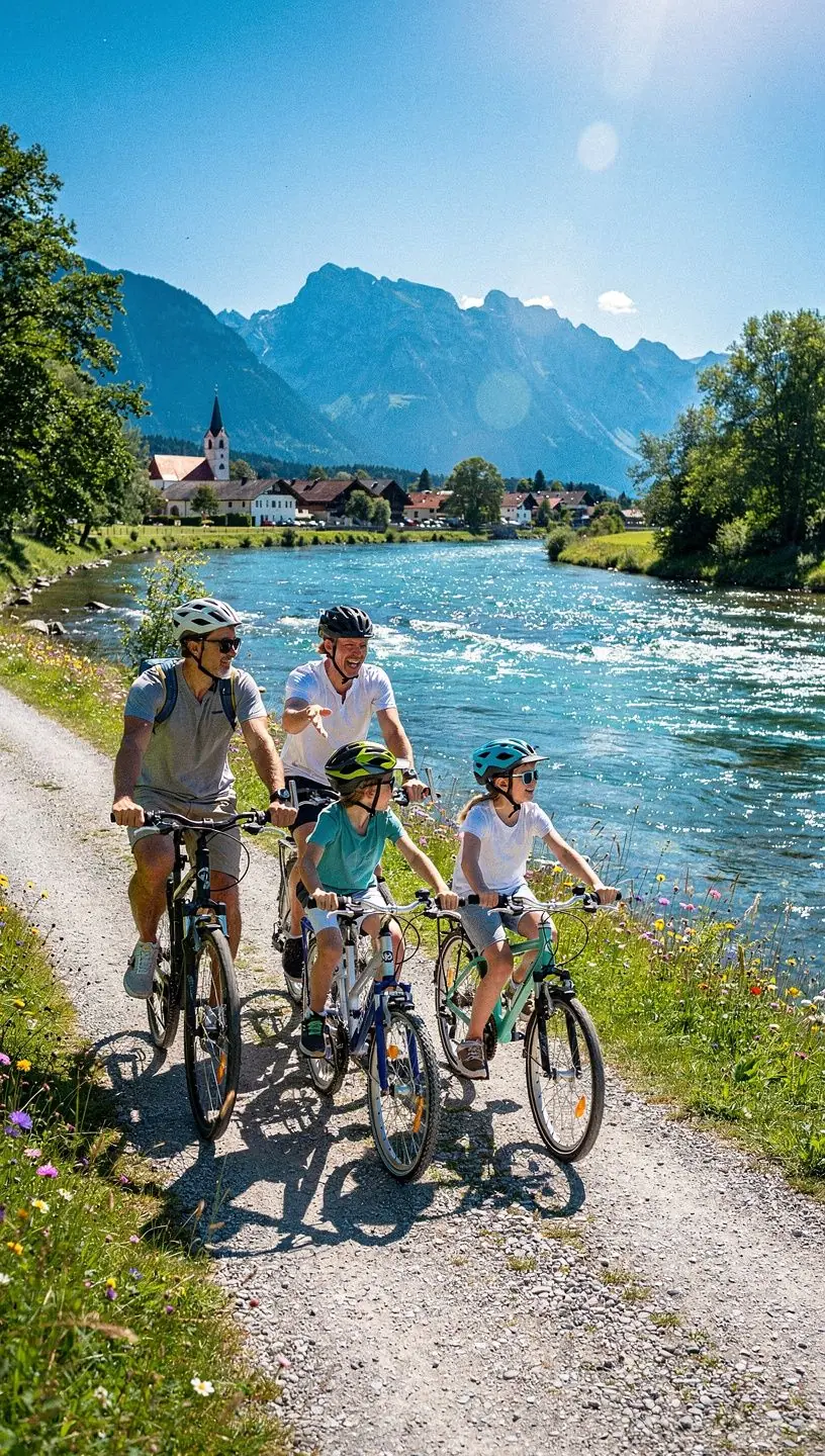 Fahrradfahrer, der eine App auf dem Smartphone zur Routenplanung und Navigation auf deutschen Radwegen nutzt.